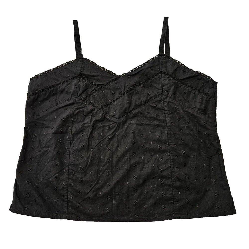 Passport Women Vintage Y2k Black Embroidered V-neck Babydoll Style Tank Top Sz L